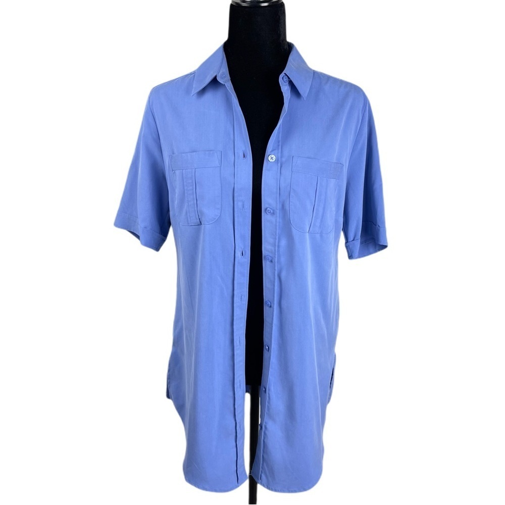 ✅NWOT Chico’s blue short sleeve tunic button shirt size 0